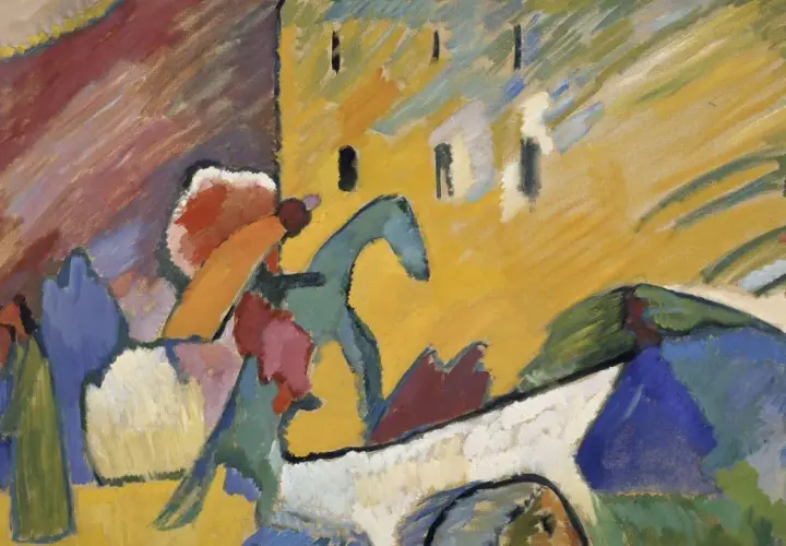 Pintura con círculo de Kandinsky, vibrante y abstracta, evoca un paisaje con figuras y formas geométricas en movimiento.
