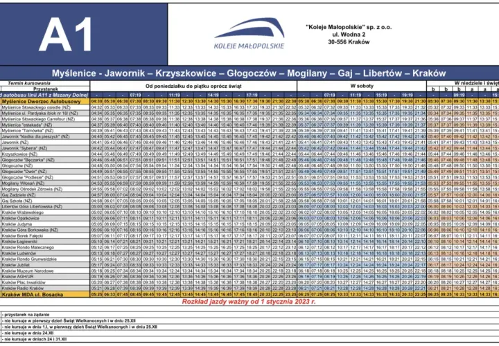 Rozkład jazdy A1: busy Kraków - Myślenice, Jawornik, Krzyszkowice, Głogoczów, Mogilany, Gaj, Libertów. Busy Kraków - Myślenice.