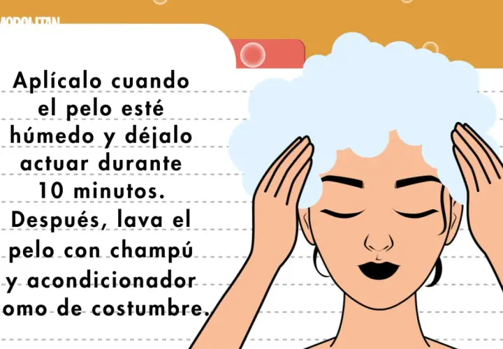 Ilustración de una mujer con pelo rizado y espuma, con instrucciones sobre cómo hacer que el pelo crezca rápido.