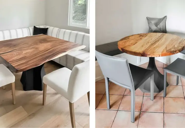 Two breakfast table settings. Left: live-edge wood table with striped banquette. Right: round wood table with gray chairs.