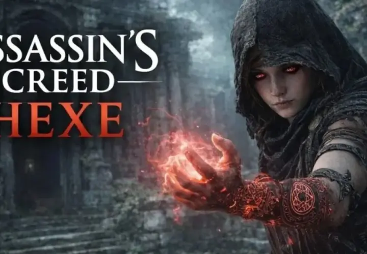 Postać z gry Assassin's Creed Hexe z płonącymi rękami i mrocznym kapturem.