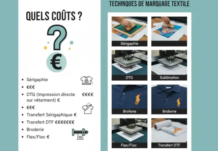 Comparatif des coûts des techniques de marquage textile : sérigraphie, DTG (impression directe sur vêtement), sublimation, transfert, broderie et flex/floc.