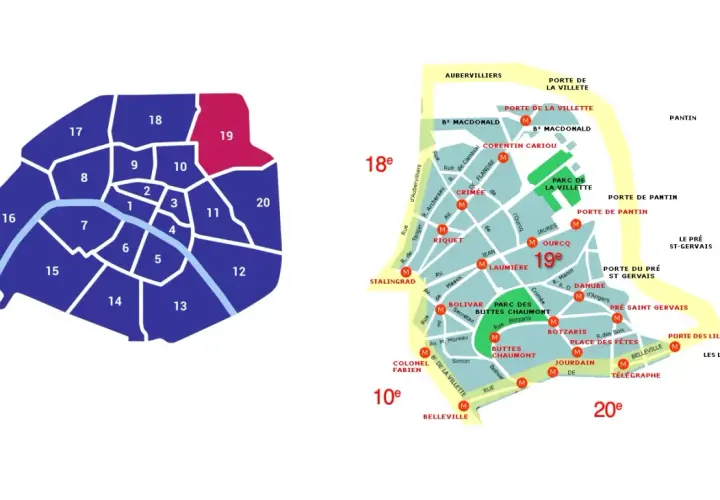 Mapa Paryża z zaznaczonymi dzielnicami, wyróżniona 19. dzielnica.
