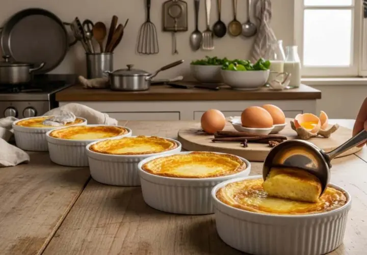 Une louche sert une portion dorée d'oeufs au lait dans un ramequin blanc. Des œufs et de la cannelle sont sur la table.