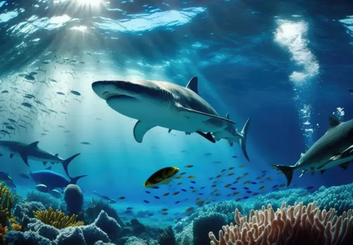 Rekin płynie w głębinach oceanu, gdzie różnice między morzem a oceanem są widoczne w bogactwie życia.