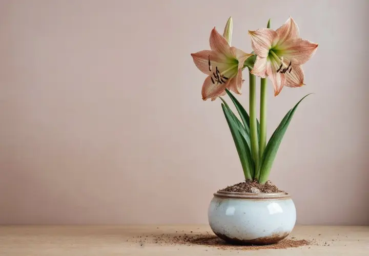 Amaryllis in vaso, con fiori rosa pallido e striature verdi. La cura di questa pianta è semplice, richiede luce e poca acqua.