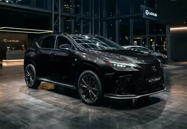 Elegancki, czarny Lexus 350h prezentowany w nowoczesnym salonie.
