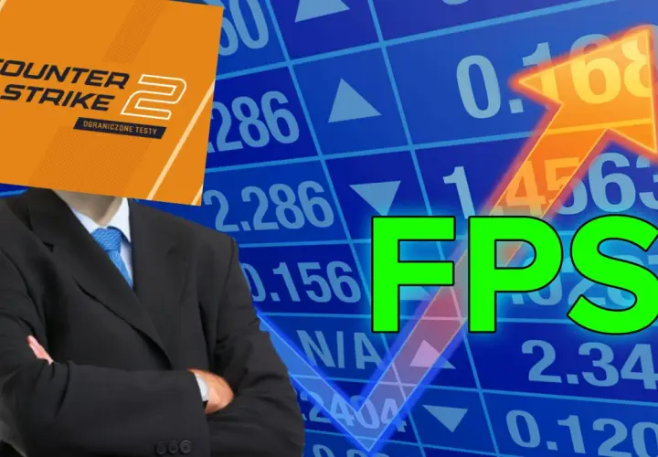 Człowiek w garniturze z logo Counter-Strike 2 zamiast głowy, na tle wykresu giełdowego z napisem FPS.