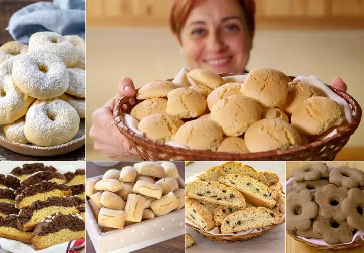 Varietà di biscotti da inzuppo: ciambelline zuccherate, palline dorate, biscotti a forma di fiore e fette con gocce di cioccolato.