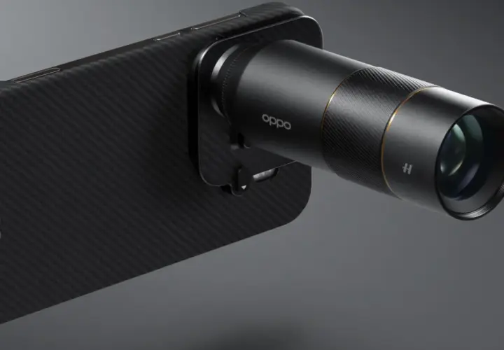 Telefon Oppo z doczepianym obiektywem, który może być odpowiedzią na pytanie, jaki telefon ma najlepszy aparat.