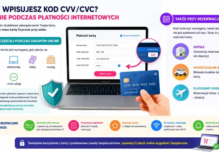 Karta z kodem CVV/CVC jest kluczowa do płatności online, np. za ubrania, elektronikę, bilety, noclegi, subskrypcje. Potwierdza, że masz kartę przy sobie.