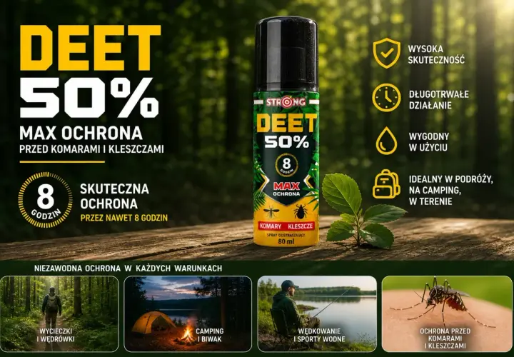 DEET 50% - skuteczna ochrona przed komarami i kleszczami, idealny na wycieczki i biwaki. To jest to, co odstrasza kleszcze.