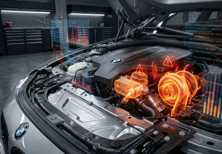 Silnik BMW z widocznymi wskaźnikami diagnostycznymi. Wyświetlane dane sugerują problemy, być może uszkodzony vanos objawy są analizowane.