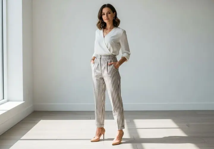 Eleganckie stylizacje dla niskich kobiet: biała bluzka kopertowa i spodnie w pionowe pasy optycznie wydłużają sylwetkę.