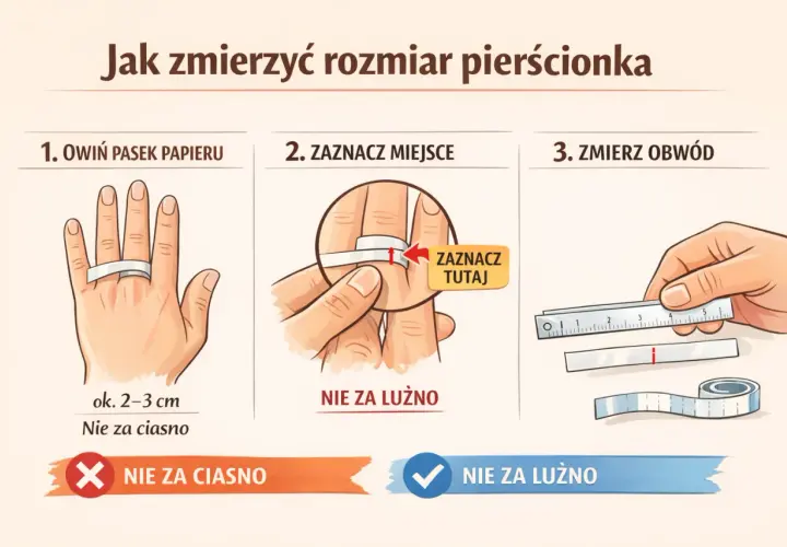 Ilustracja pokazuje 3 kroki mierzenia rozmiaru pierścionka: owinięcie paska papieru, zaznaczenie miejsca i zmierzenie obwodu.