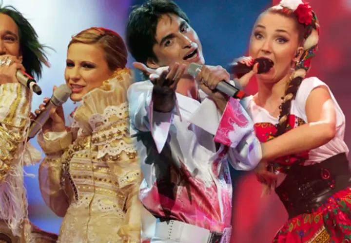 Czterech artystów w barwnych strojach, w tym w ludowym, kto reprezentował Polskę na Eurowizji.