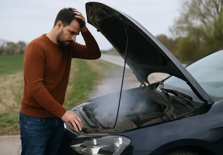 Uomo disperato guarda il fumo uscire dal cofano aperto della sua auto, con il motore fuso.