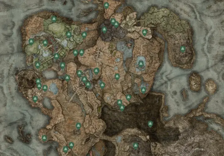 Mapa z zaznaczonymi lokacjami, gdzie można znaleźć legendarne talizmany Elden Ring.