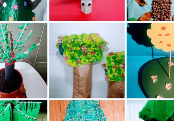 Celebración del día de los árboles con manualidades: disfraces de árbol, un árbol en maceta y un árbol de papel.