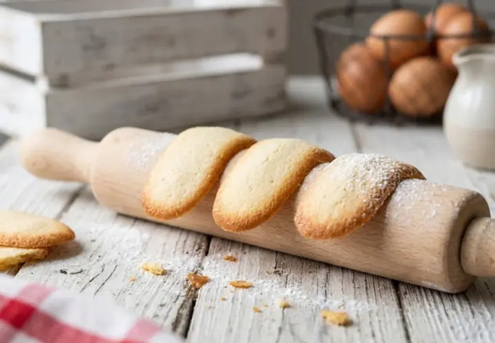 Biscotti lingue di gatto, dorati e spolverati di zucchero a velo, adagiati su un mattarello in legno.