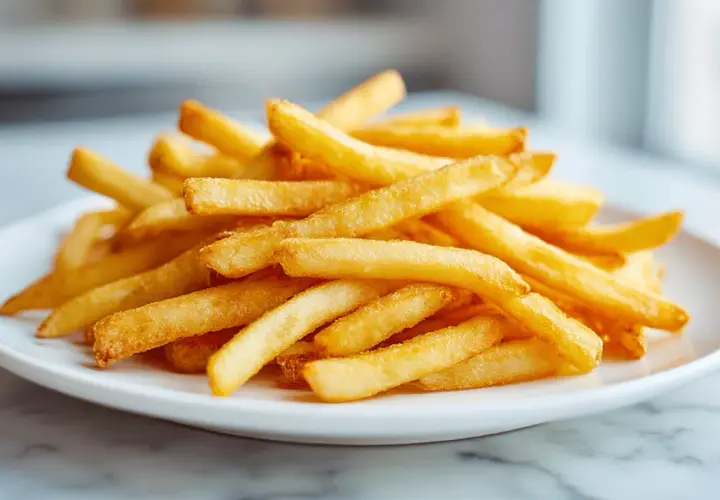 Złociste frytki z airfryer na białym talerzu, idealne na szybką przekąskę.