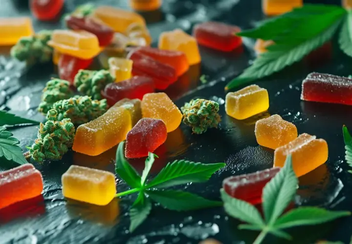 Bunte Hanf Gummibärchen und Cannabis-Blätter auf dunklem Untergrund. Viele positive Hanf Gummibärchen Erfahrungen werden hier geteilt.