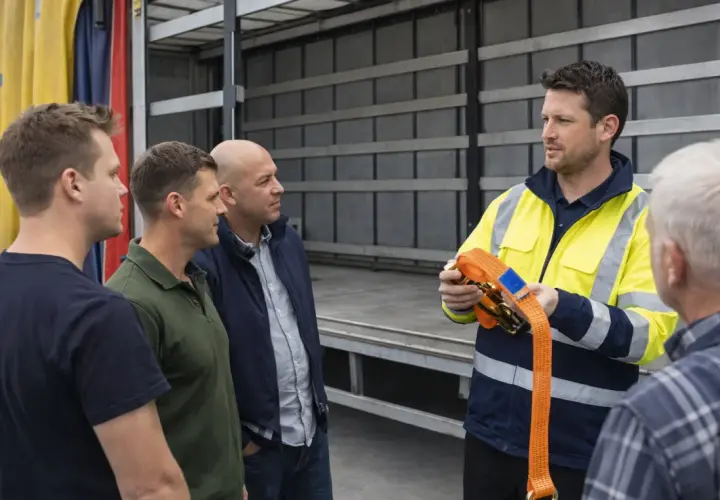 Szkolenia dla firm transportowych: instruktor pokazuje pas transportowy grupie kierowców przy naczepie.
