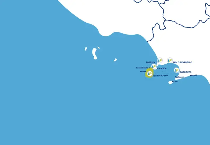 Mappa che illustra come arrivare a Ischia da Napoli (Molo Beverello, Pozzuoli) e altre località come Procida, Sorrento, Amalfi e Salerno.