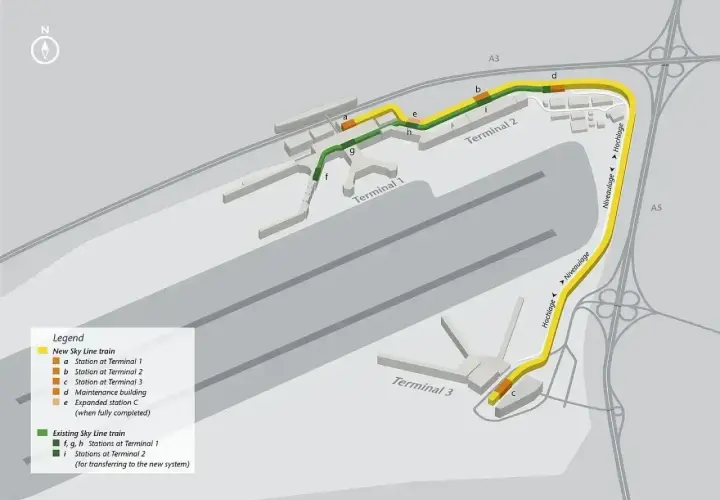 Schemat lotniska Frankfurt nad Menem z zaznaczonymi trasami Sky Line train.