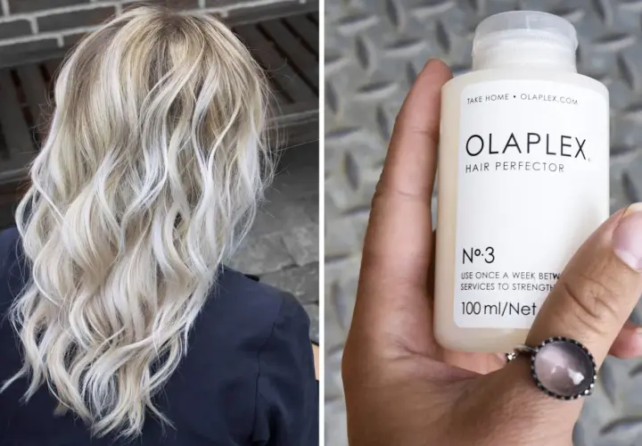Blont, vågigt hår och en flaska Olaplex No. 3. Vissa upplever biverkningar av Olaplex, men många älskar resultatet.