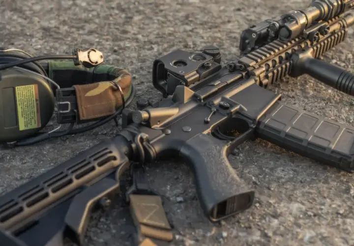 Karabin AR-15 z magazynkiem i słuchawkami ochronnymi. Dowiedz się, jak najłatwiej dostać pozwolenie na broń.