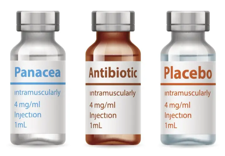 Trzy fiolki z lekami: "Panacea", "Antibiotic" i "Placebo". Zespół muzyczny Placebo mógłby nagrać piosenkę o tych lekach.