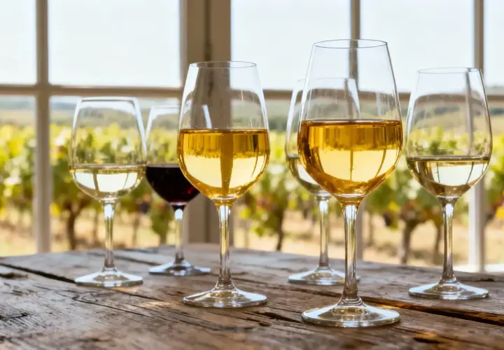 Verre de vin jaune sucré, avec un vignoble en arrière-plan.