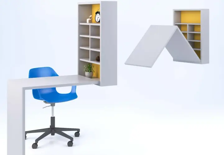 Muebles para manualidades: un escritorio blanco con estantería integrada y una silla azul. Otra estantería se pliega como techo.