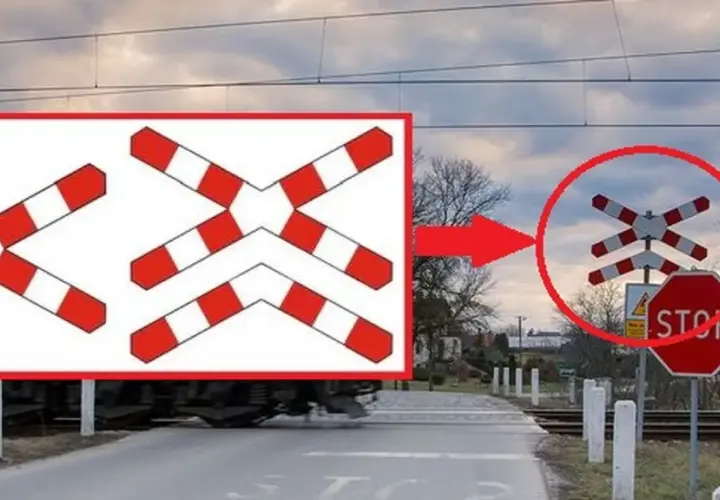 Krzyż świętego Andrzeja co oznacza? To znak ostrzegawczy przed przejazdem kolejowym. Na obrazie widać schemat i rzeczywisty znak.