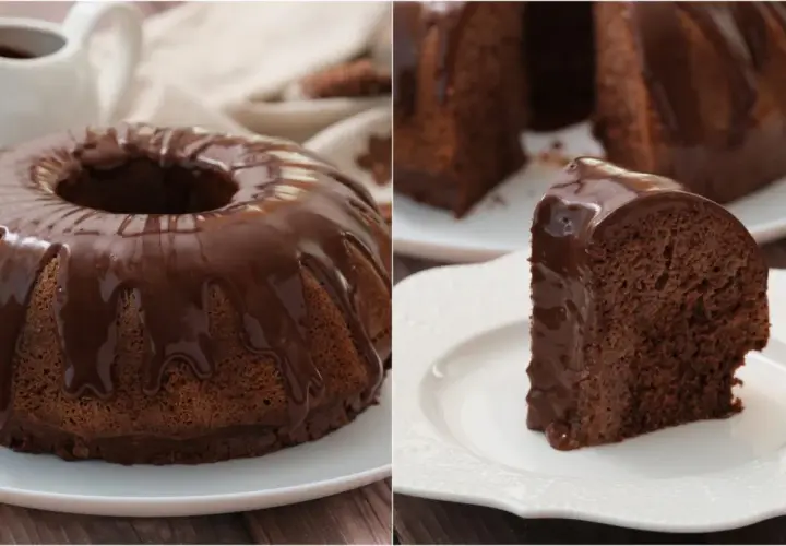 Un delizioso ciambellone al cioccolato, ricoperto da glassa lucida, pronto per essere gustato.
