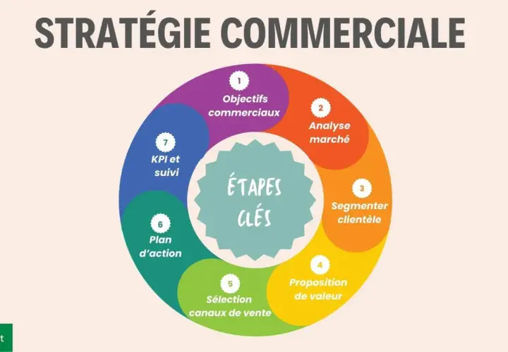 Schéma des étapes clés d'une stratégie commerciale : objectifs, analyse marché, segmentation clientèle, proposition de valeur, canaux de vente, plan d'action, KPI. Le marché cible est au cœur de cette démarche.