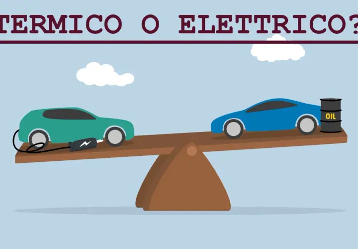 Bilancia tra auto elettrica in carica e auto a benzina con barile d'olio. La scelta per il 2035 auto.