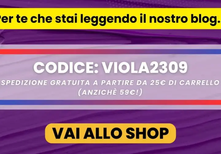 Offerta speciale per te: codice sconto VIOLA2309 per spedizione gratuita sopra i 25€. Sfondo color viola.