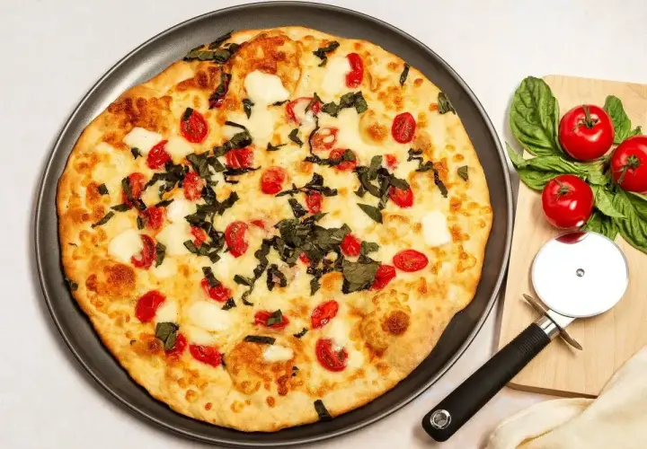 Pyszna pizza z serka wiejskiego, pomidorkami koktajlowymi i bazylią. Obok leżą świeże pomidory i nóż do pizzy.