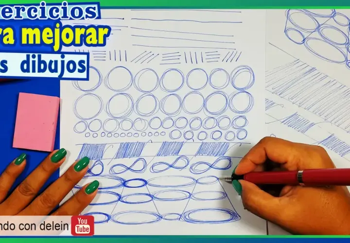 Manos practicando trazos en un **dibujo folio**: líneas, círculos y óvalos para mejorar la técnica.