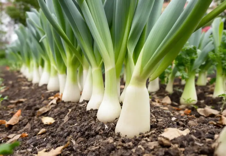 Poireaux alignés dans un potager. La question "faut-il tailler les poireaux pour les faire grossir" plane sur ces jeunes pousses blanches et vertes.