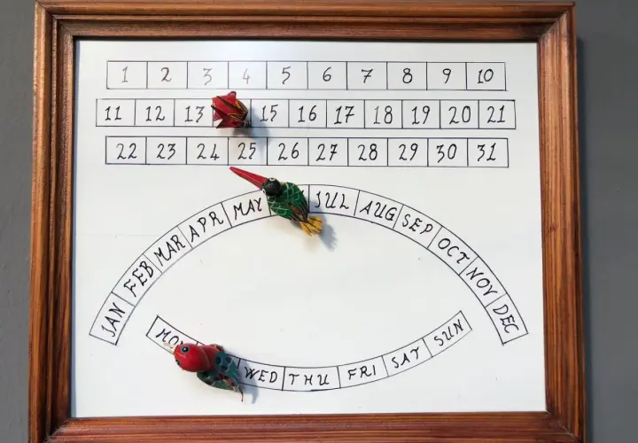 Un calendario fai da te con uccellini decorativi. Le date e i mesi sono scritti a mano, perfette idee calendario fai da te.