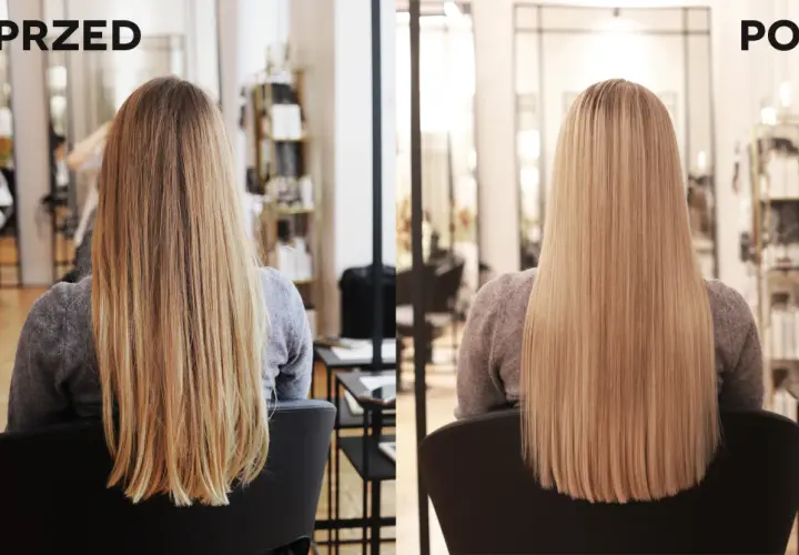 Przed i po: włosy przed i po zabiegu, uzyskując piękne, naturalne blondy.