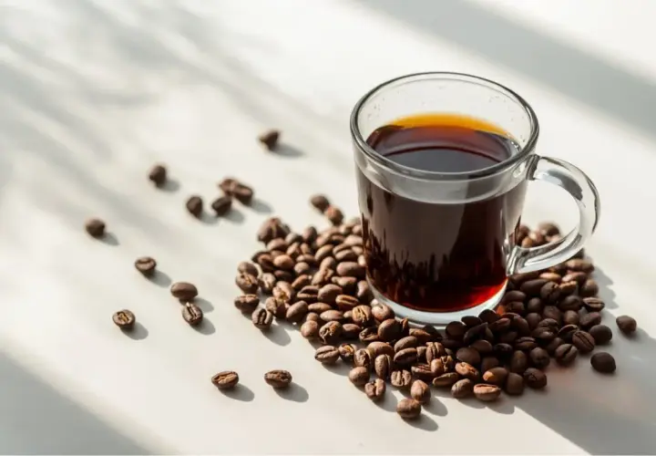 Eine Tasse Filterkaffee mit vielen Kaffeebohnen. Die Frage "wie viel gramm kaffee pro tasse filterkaffee" wird hier visuell angedeutet.
