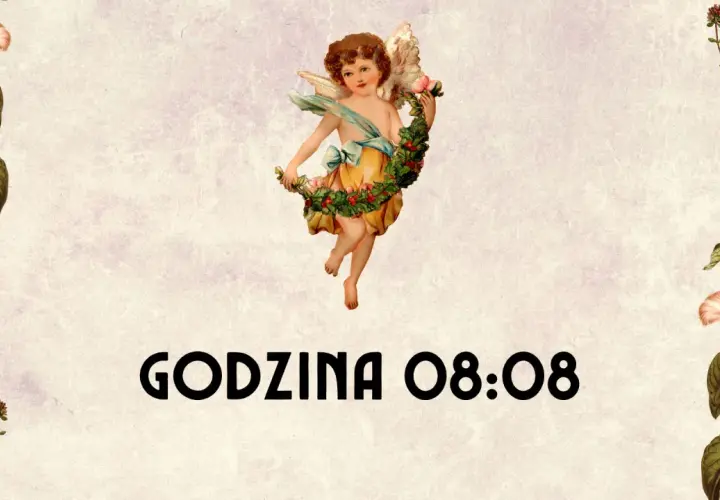 Aniołek z wiankiem, otoczony kwiatami, na tle z napisem "GODZINA 08:08". 0808 znaczenie to czas na marzenia.