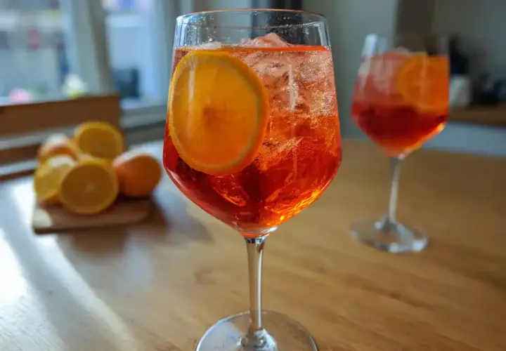 Orzeźwiający Aperol Spritz z pomarańczą i lodem. Idealny aperitif, gdy szukasz prostego aperol przepis na lato.