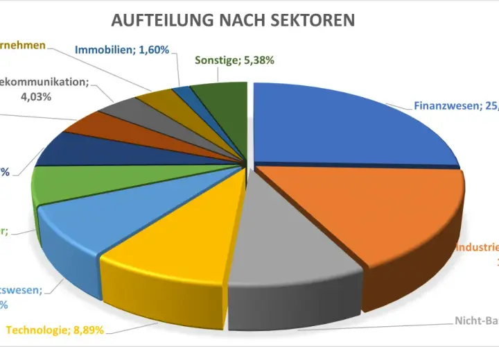 Sektorenaufteilung eines xtrackers MSCI Emerging Markets UCITS ETF 1C: Finanzwesen (25,57%), Industrie (16,81%), Nicht-Basiskonsumgüter (9,06%), Technologie (8,89%), Gesundheitswesen (8,23%).