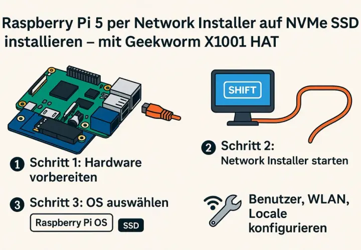 Raspberry Pi 5 mit Geekworm X1001 HAT für ein NAS vorbereiten. Installation per Network Installer auf NVMe SSD.