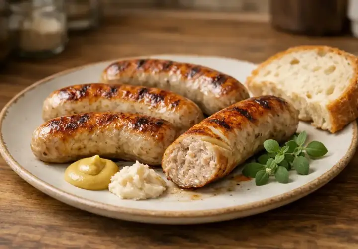 Pyszna kiełbasa z airfryer, idealnie zarumieniona, podana z chlebem, musztardą i chrzanem.